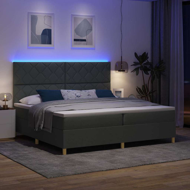 LED Box Spring Bed med hovedgærde Mørkegrå 200 x 200 cm Stof