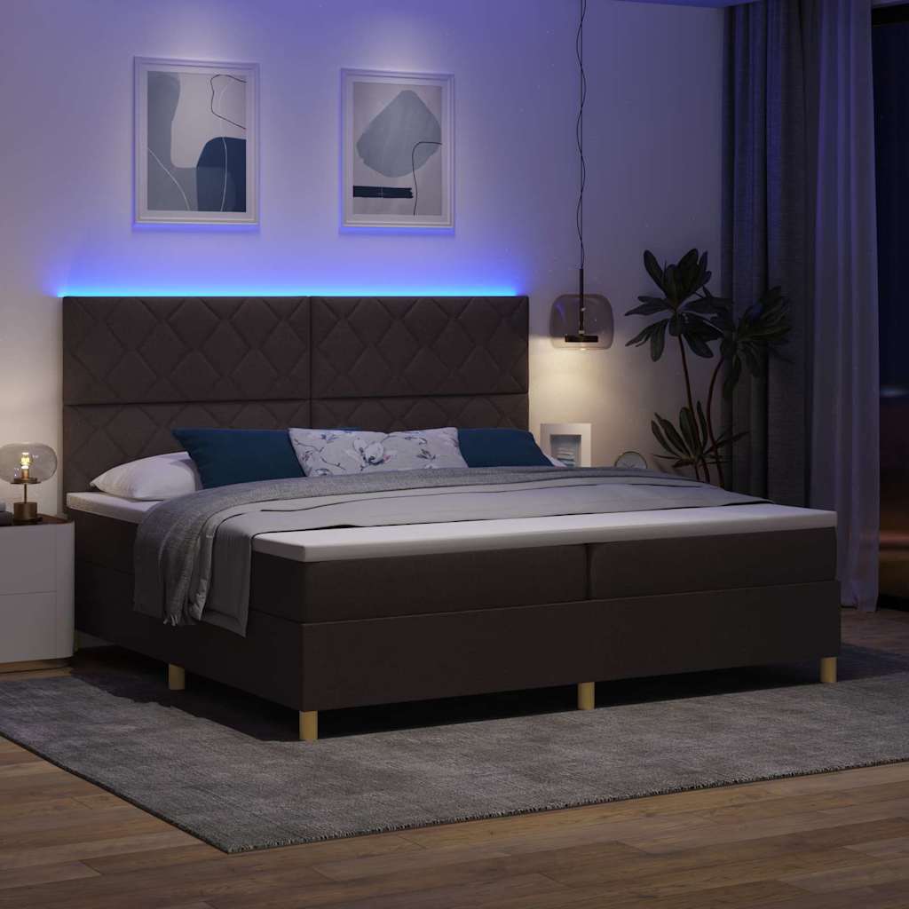 LED Box Spring Bed med hovedgærde Mørk Brun 200 x 200 cm Stof