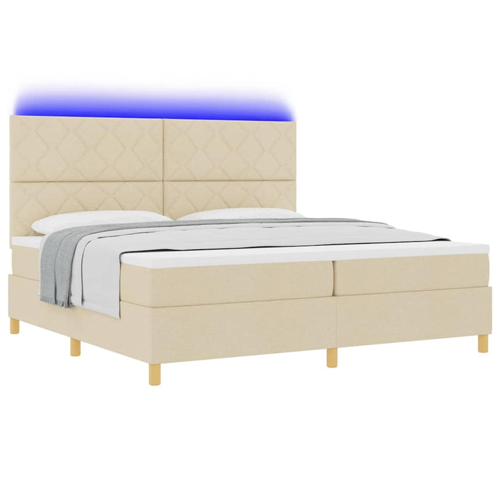 LED Box Spring Bed med hovedgærde Creme 200 x 200 cm Stof