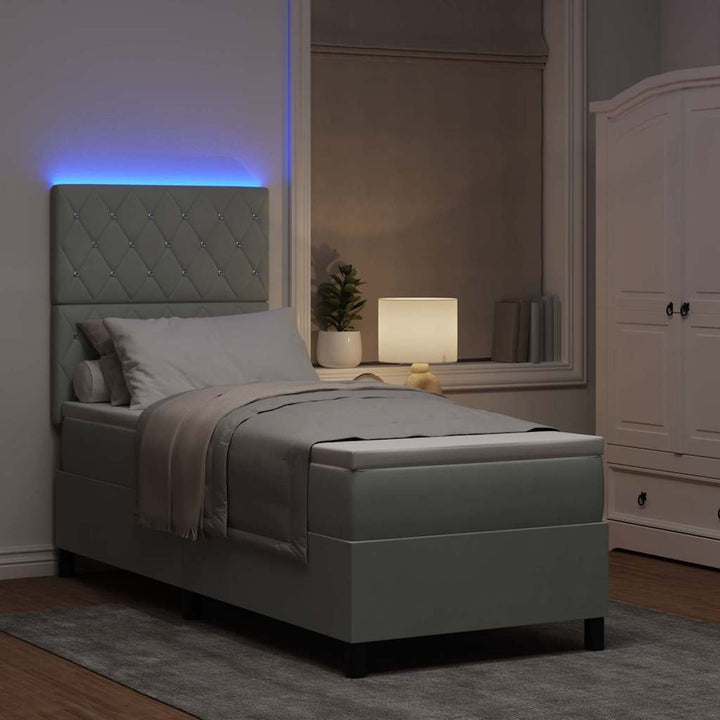 LED Box Spring Bed med madras Lysegrå 80 x 200 cm Stof