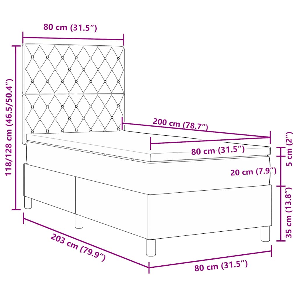 LED Box Spring Bed med madras Lysegrå 80 x 200 cm Stof