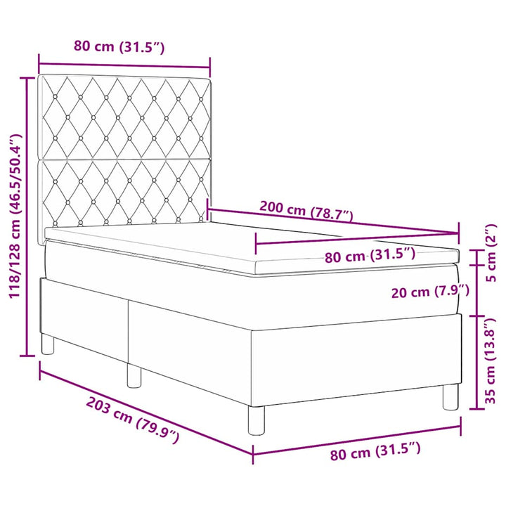 LED Box Spring Bed med madras Lysegrå 80 x 200 cm Stof