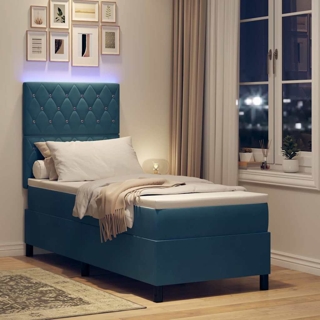 LED Box Spring Bed med madras Mørk blå 80 x 200 cm Fløjl