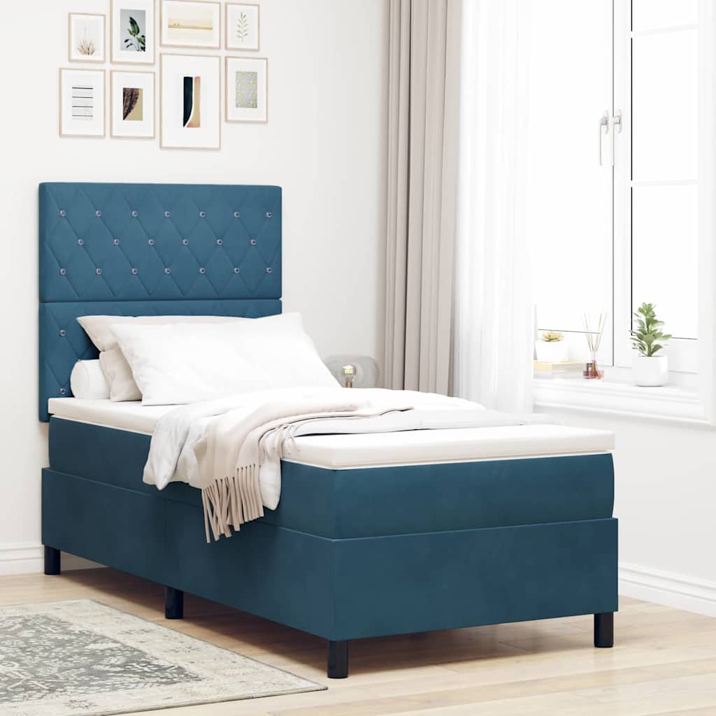 LED Box Spring Bed med madras Mørk blå 90 x 190 cm Fløjl