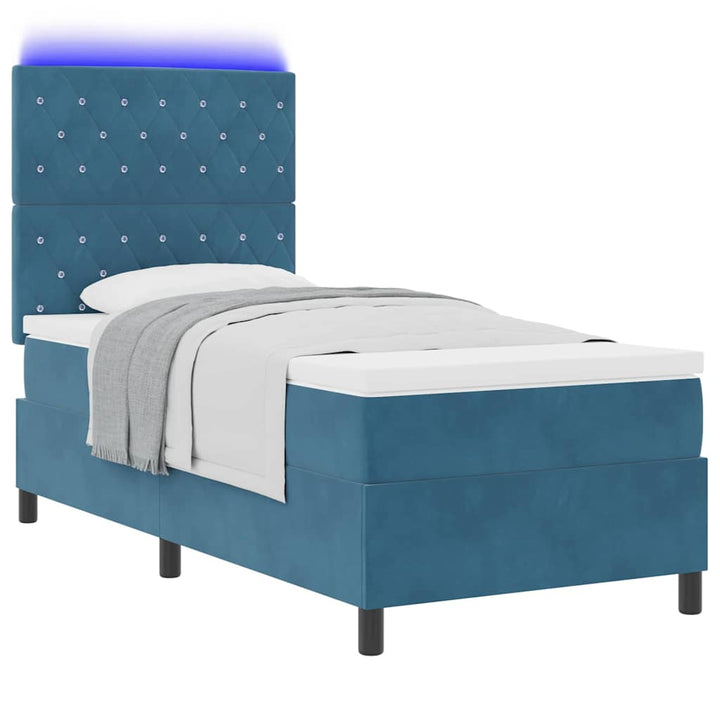 LED Box Spring Bed med madras Mørk blå 90 x 190 cm Fløjl