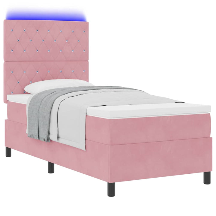 LED Box Spring Bed med madras Lyserød 90 x 190 cm Fløjl