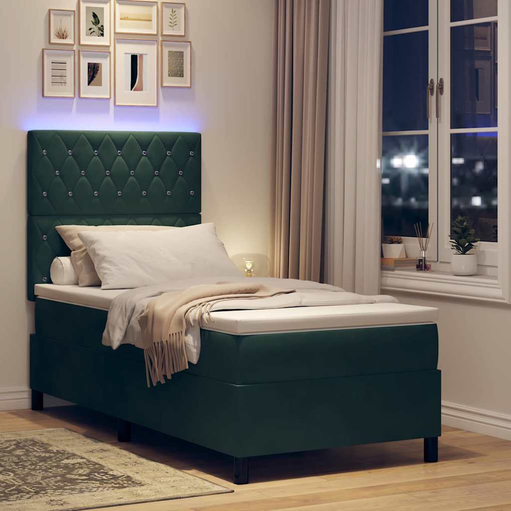 LED Box Spring Bed med madras Mørkegrøn 90 x 200 cm Fløjl