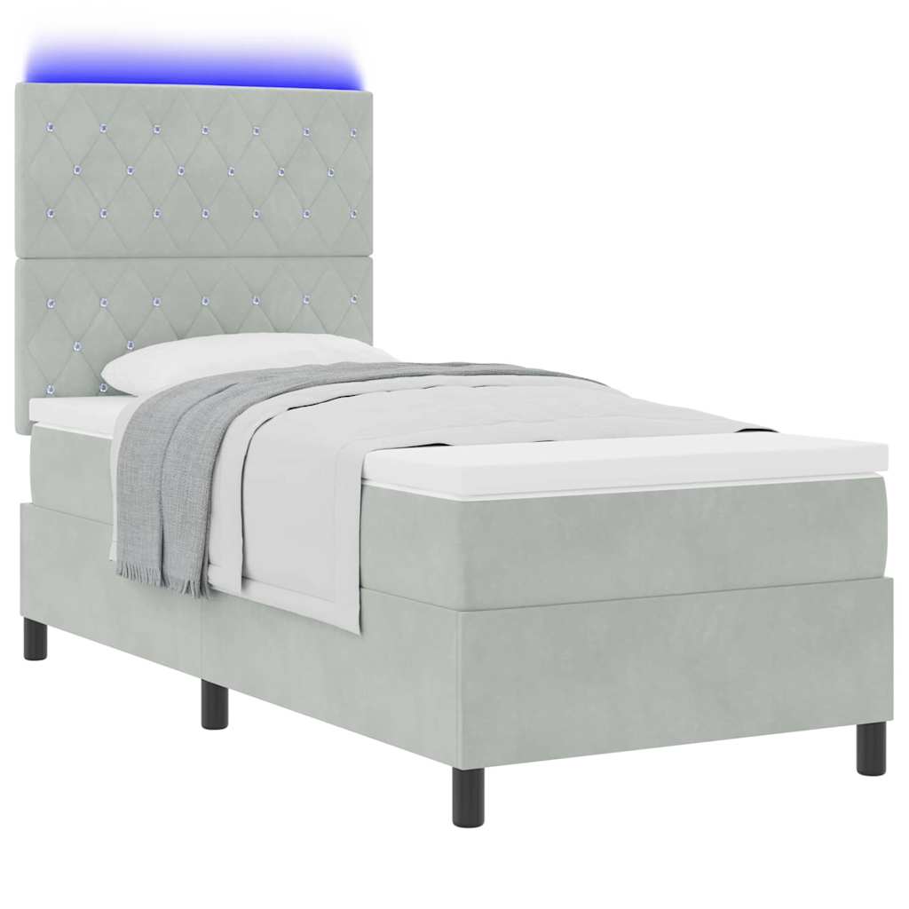 LED Box Spring Bed med madras Lysegrå 100 x 200 cm Fløjl