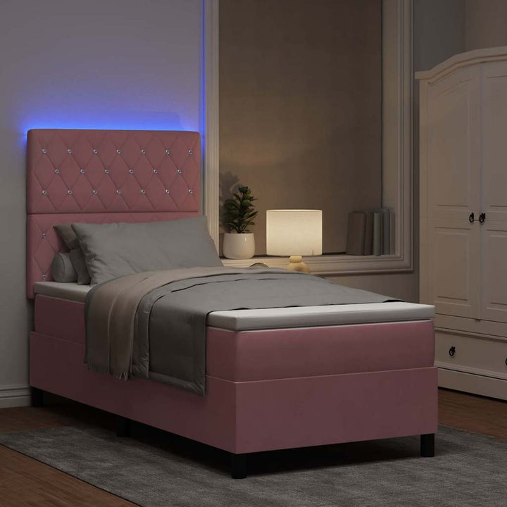 LED Box Spring Bed med madras Lyserød 100 x 200 cm Fløjl