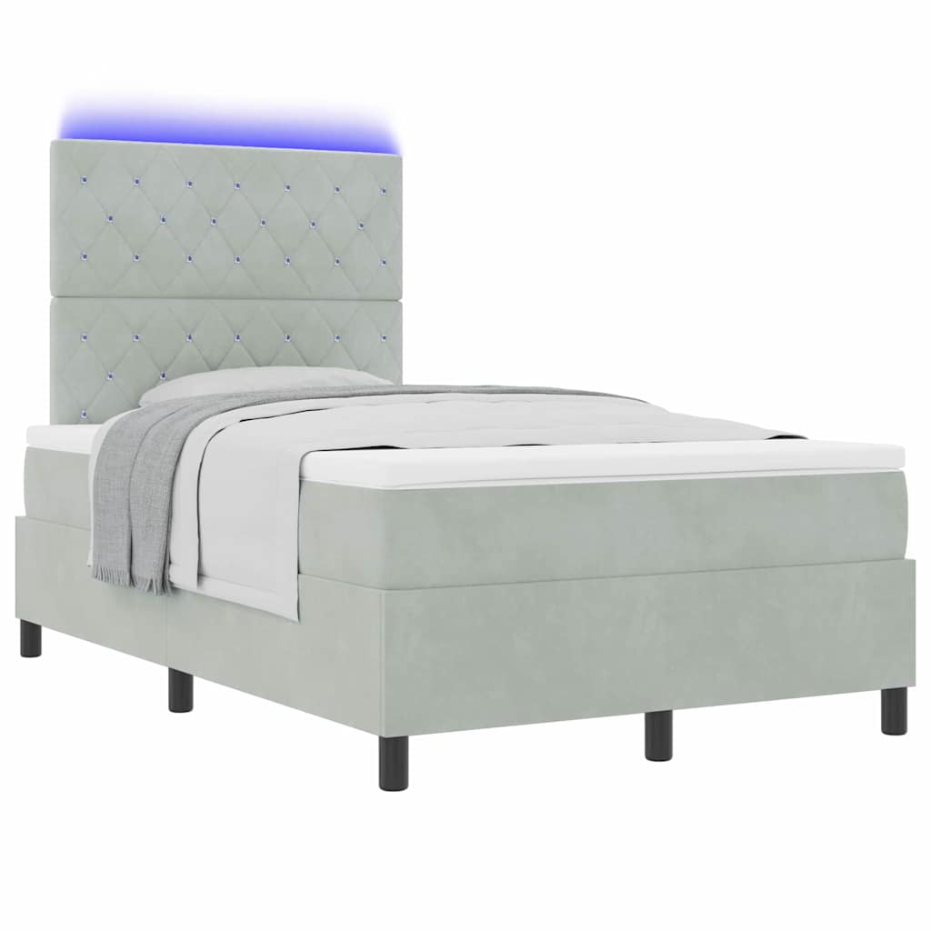 LED Box Spring Bed med madras Lysegrå 120 x 200 cm Fløjl