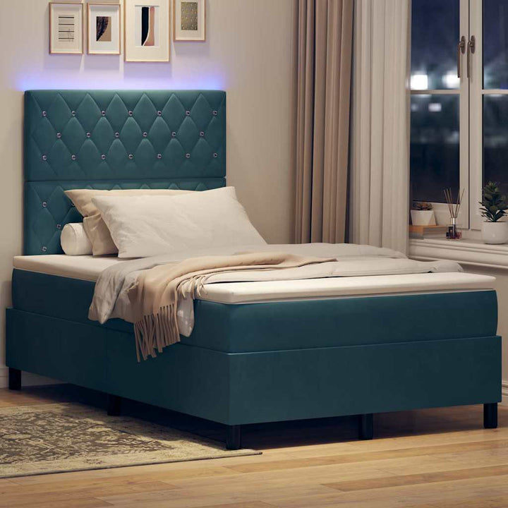 LED Box Spring Bed med madras Mørk blå 120 x 200 cm Fløjl