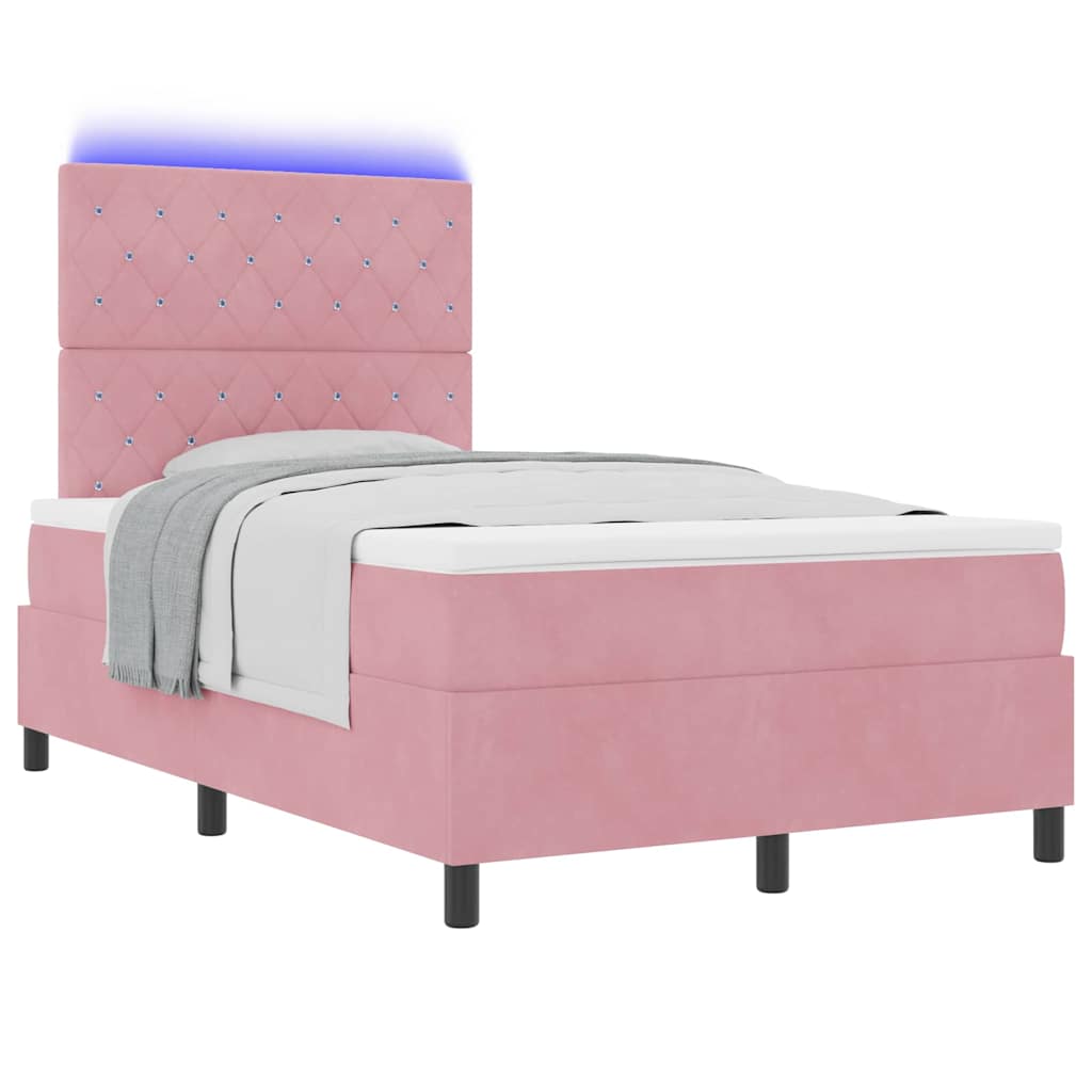 LED Box Spring Bed med madras Lyserød 120 x 200 cm Fløjl