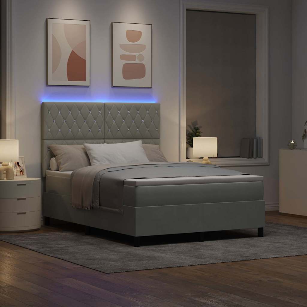 LED Box Spring Bed med madras Lysegrå 140 x 190 cm Fløjl