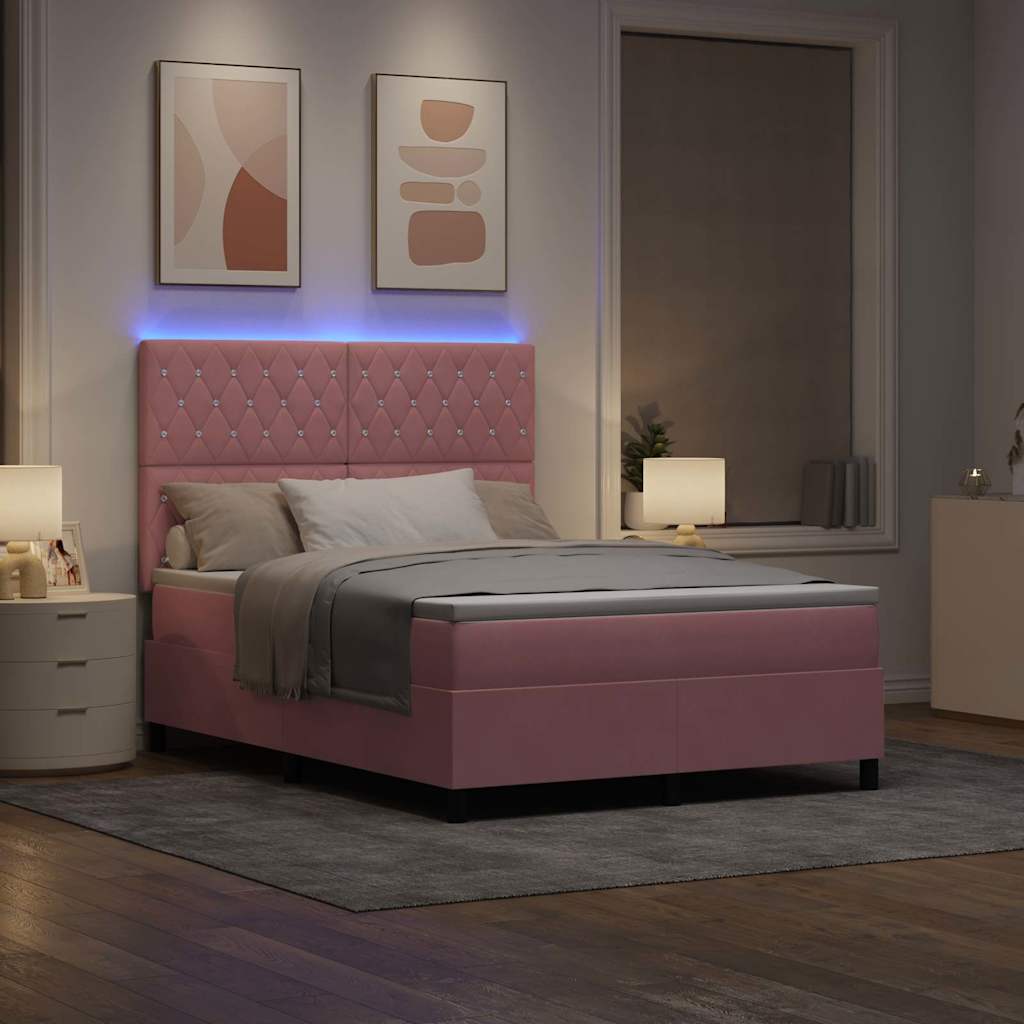 LED Box Spring Bed med madras Lyserød 140 x 190 cm Fløjl