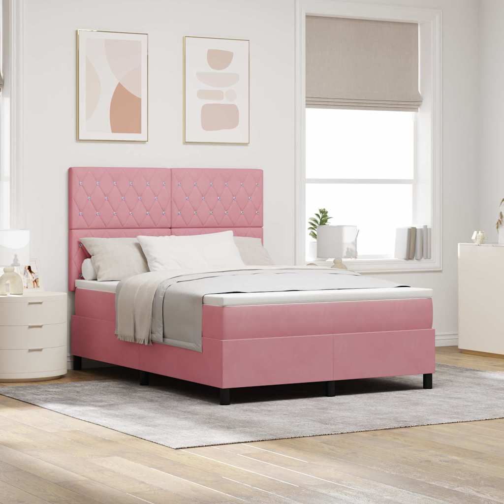 LED Box Spring Bed med madras Lyserød 140 x 190 cm Fløjl