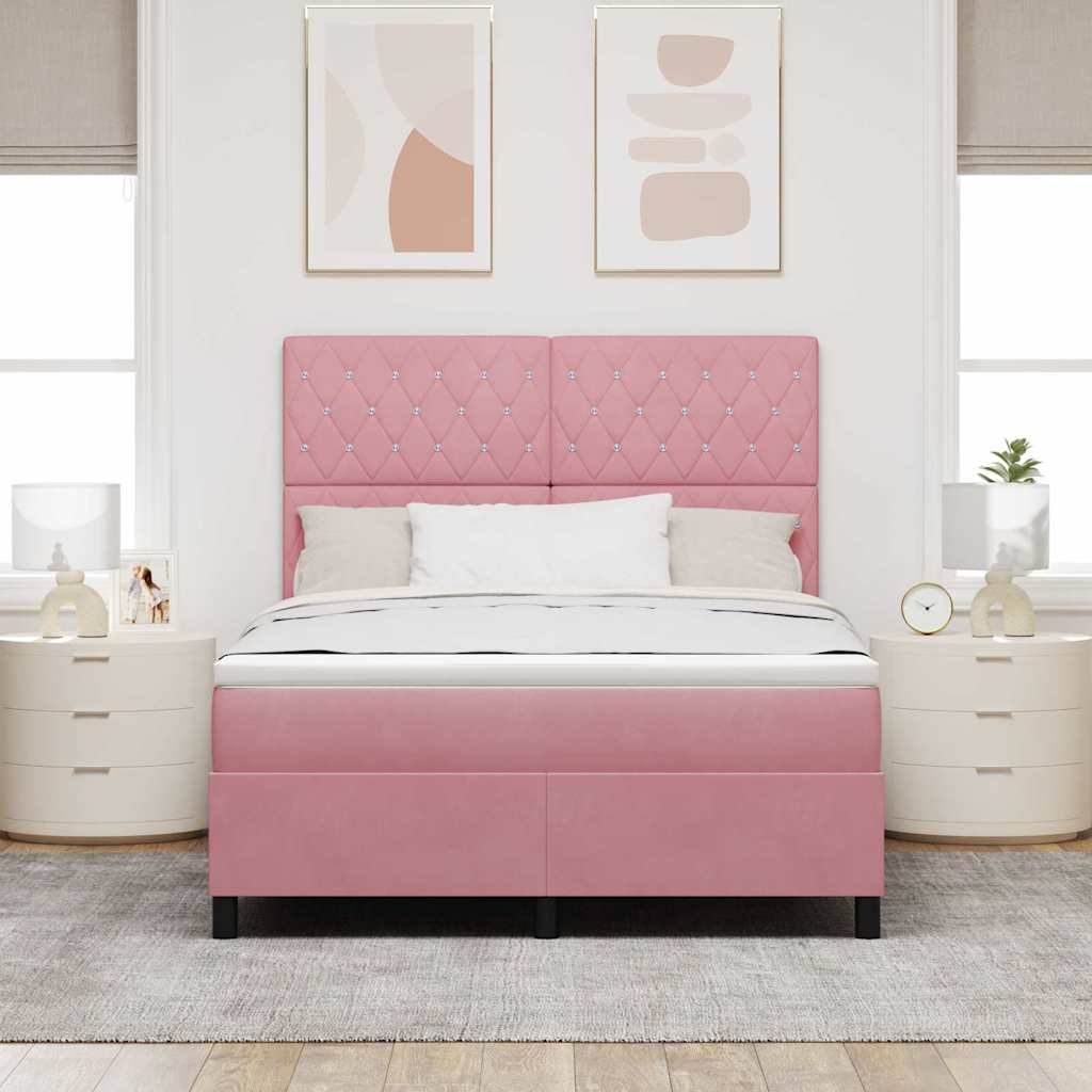 LED Box Spring Bed med madras Lyserød 140 x 190 cm Fløjl