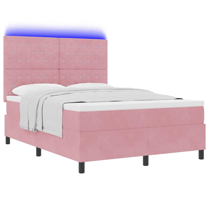 LED Box Spring Bed med madras Lyserød 140 x 190 cm Fløjl
