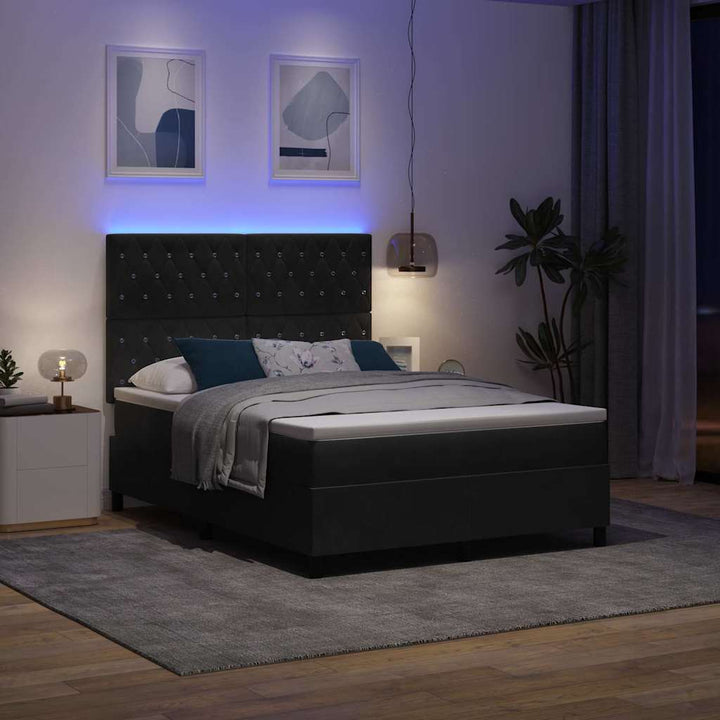 LED Box Spring Bed med madras Sort 140 x 200 cm Fløjl