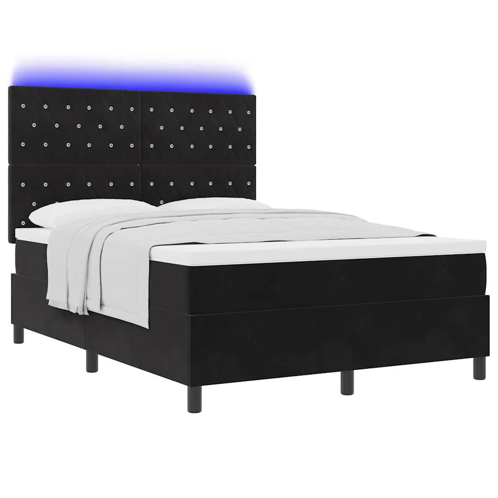 LED Box Spring Bed med madras Sort 140 x 200 cm Fløjl