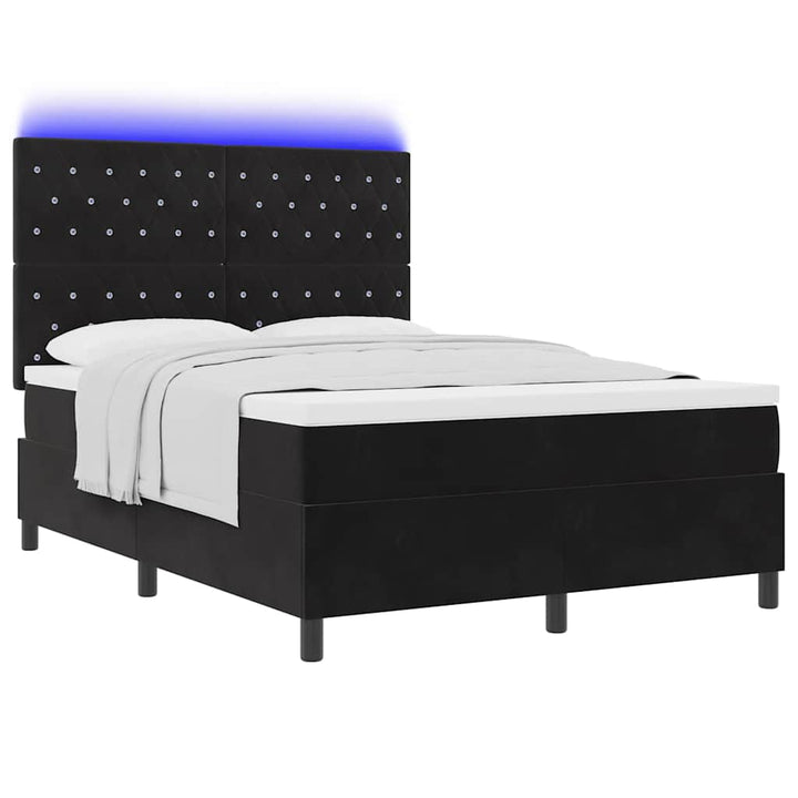 LED Box Spring Bed med madras Sort 140 x 200 cm Fløjl