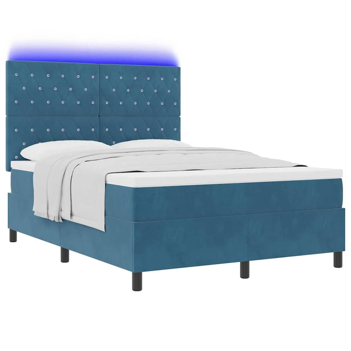 LED Box Spring Bed med madras Mørk blå 140 x 200 cm Fløjl