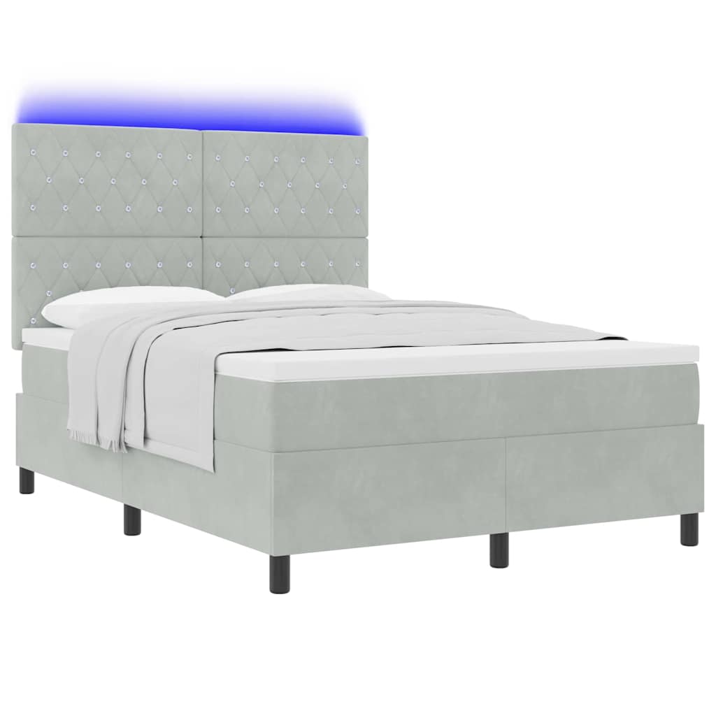 LED Box Spring Bed med madras Lysegrå 160 x 200 cm Fløjl