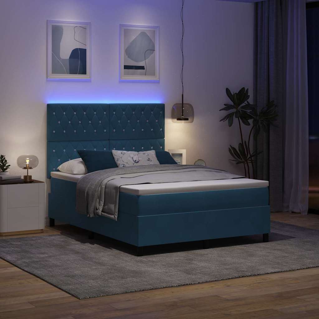 LED Box Spring Bed med madras Mørk blå 160 x 200 cm Fløjl