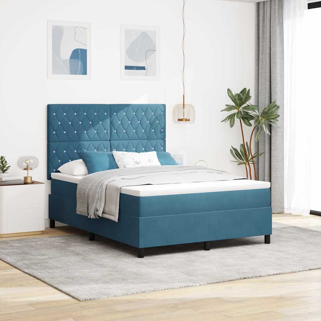 LED Box Spring Bed med madras Mørk blå 160 x 200 cm Fløjl
