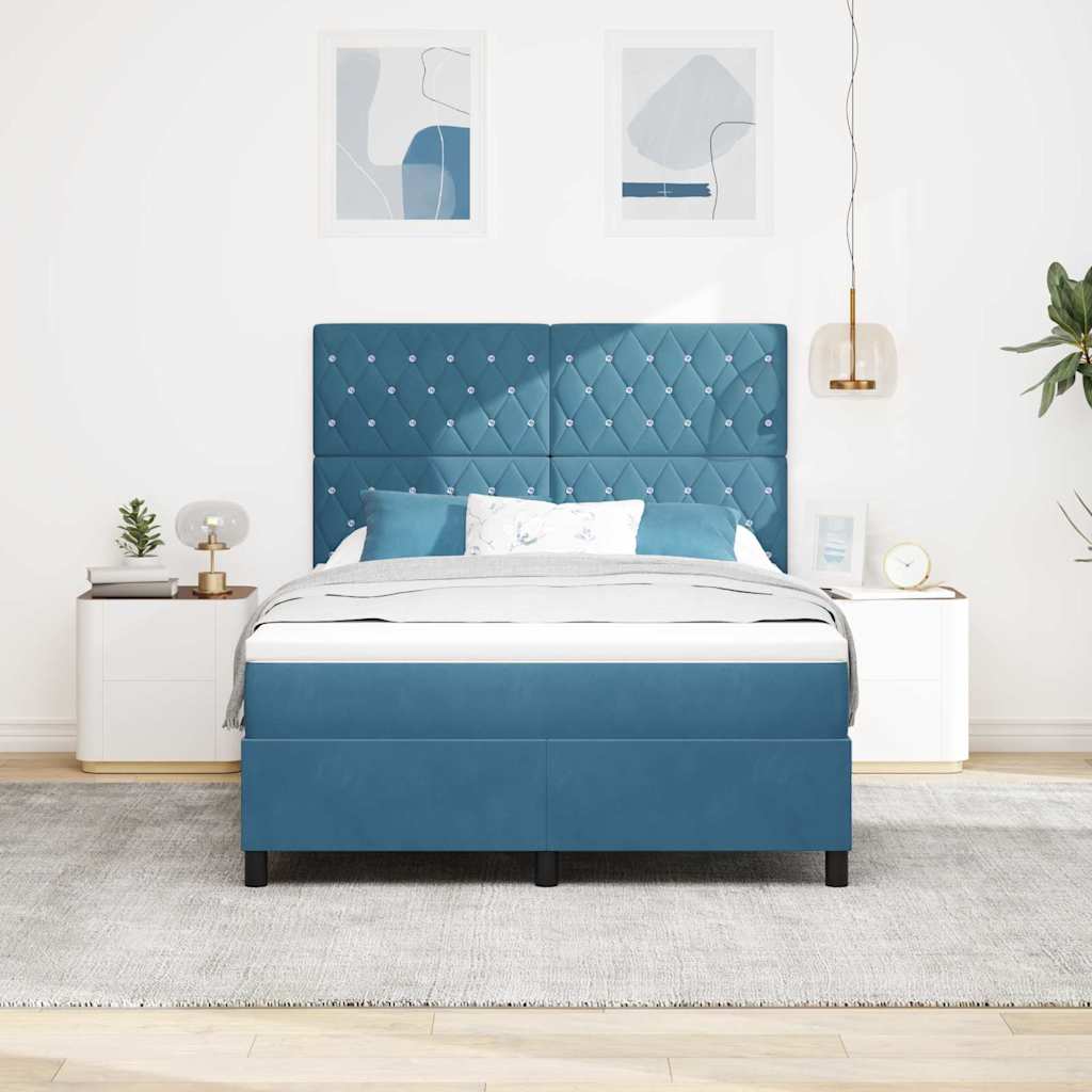 LED Box Spring Bed med madras Mørk blå 160 x 200 cm Fløjl