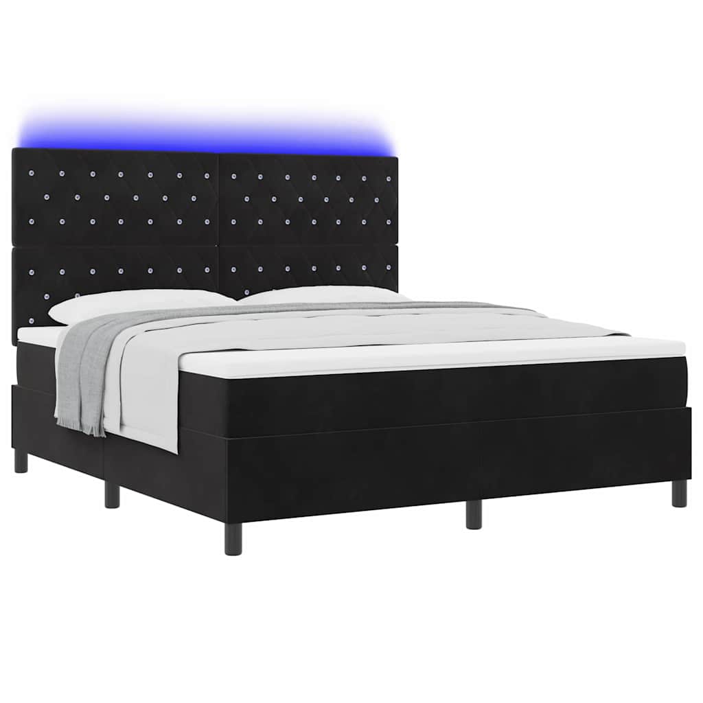 LED Box Spring Bed med madras Sort 180 x 200 cm Fløjl