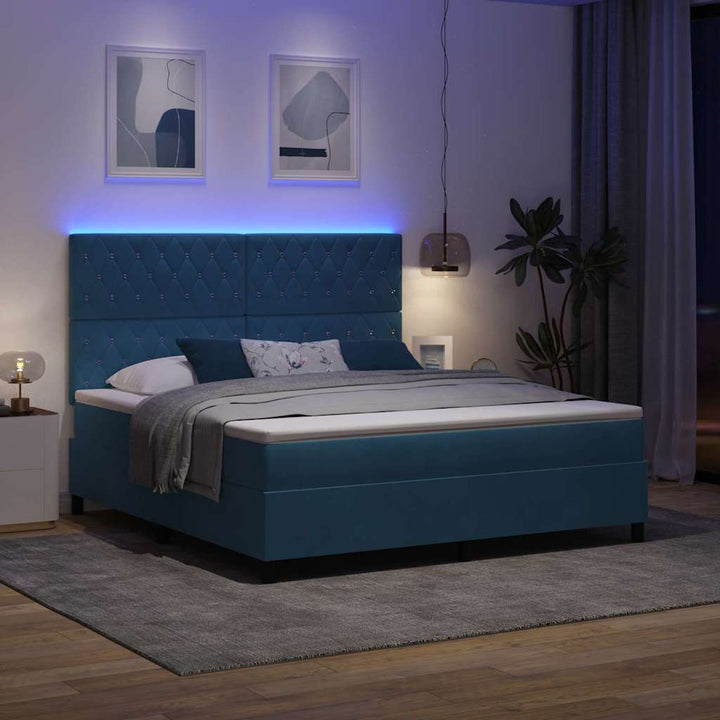 LED Box Spring Bed med madras Mørk blå 180 x 200 cm Fløjl