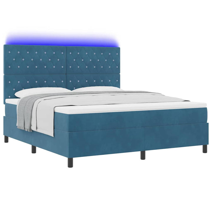 LED Box Spring Bed med madras Mørk blå 180 x 200 cm Fløjl