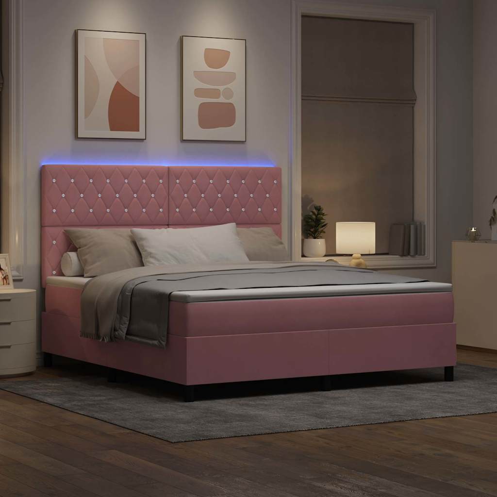 LED Box Spring Bed med madras Lyserød 180 x 200 cm Fløjl