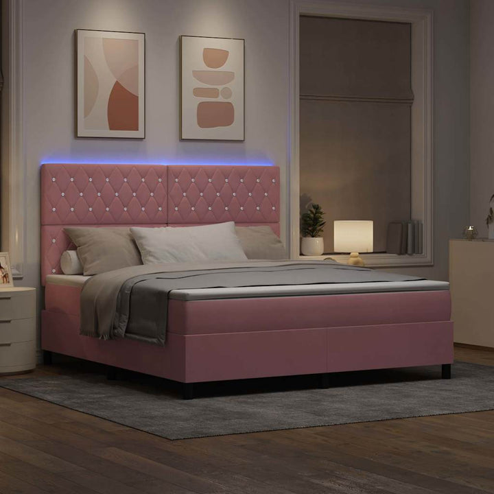 LED Box Spring Bed med madras Lyserød 180 x 200 cm Fløjl