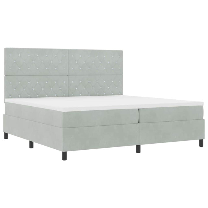LED Box Spring Bed med madras Lysegrå 200 x 200 cm Fløjl