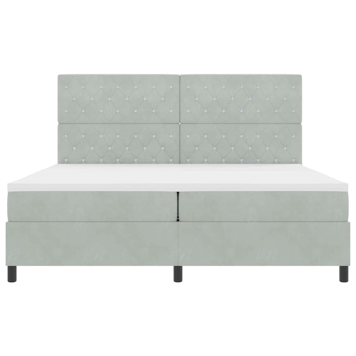 LED Box Spring Bed med madras Lysegrå 200 x 200 cm Fløjl