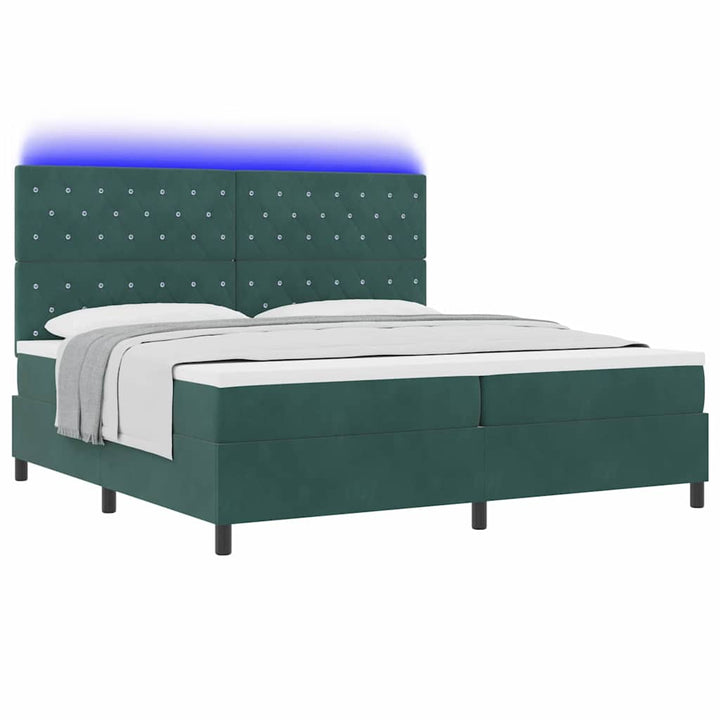LED Box Spring Bed med madras Mørkegrøn 200 x 200 cm Fløjl