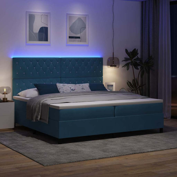 LED Box Spring Bed med madras Mørk blå 200 x 200 cm Fløjl