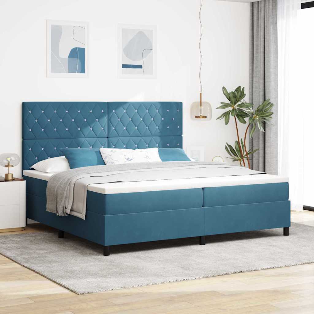 LED Box Spring Bed med madras Mørk blå 200 x 200 cm Fløjl