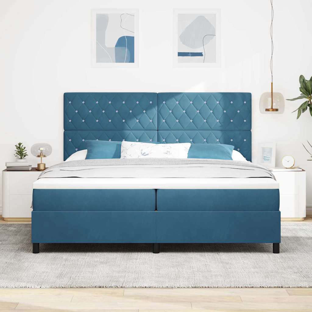 LED Box Spring Bed med madras Mørk blå 200 x 200 cm Fløjl