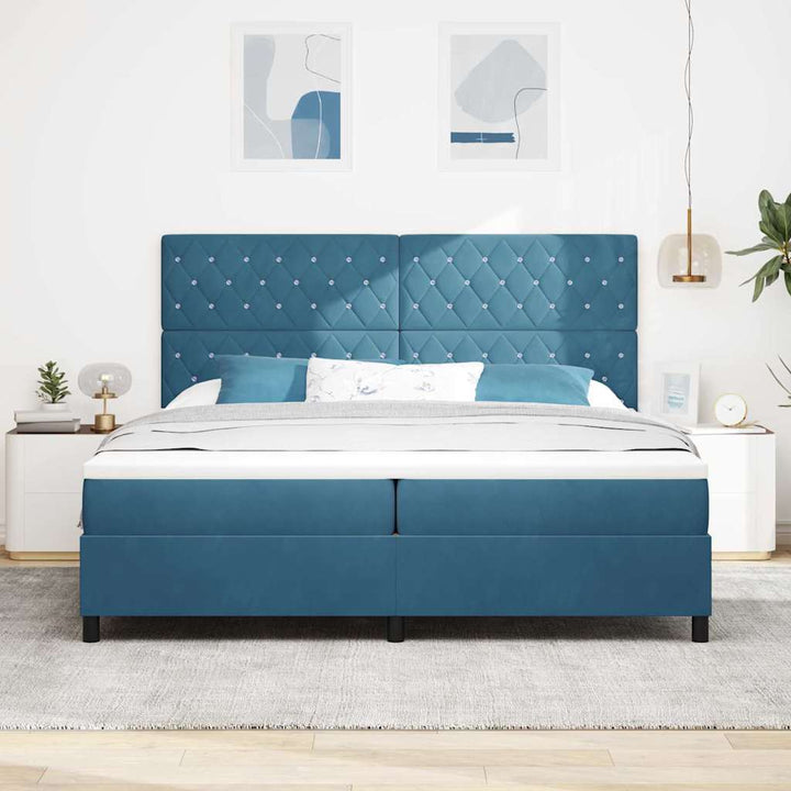 LED Box Spring Bed med madras Mørk blå 200 x 200 cm Fløjl