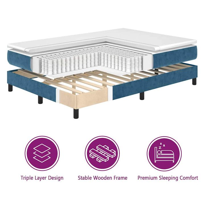 LED Box Spring Bed med madras Mørk blå 200 x 200 cm Fløjl