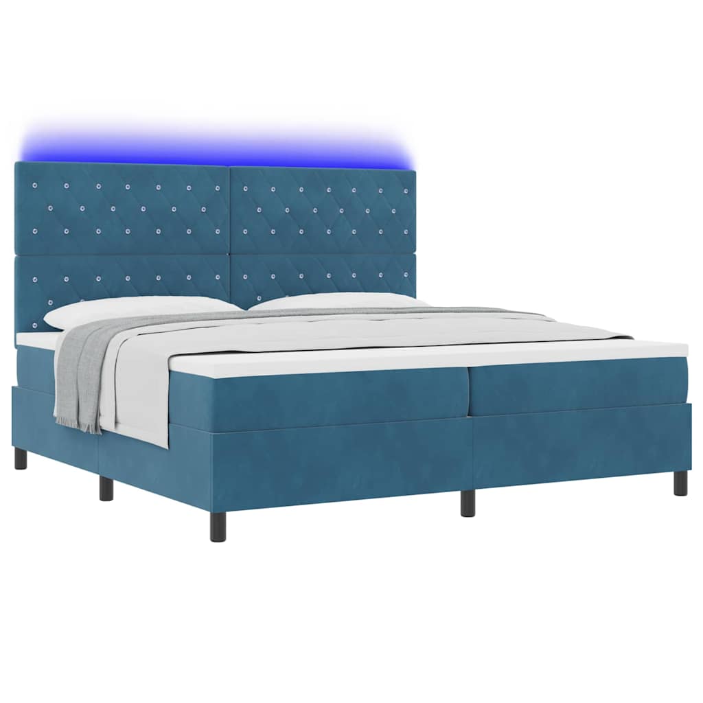 LED Box Spring Bed med madras Mørk blå 200 x 200 cm Fløjl