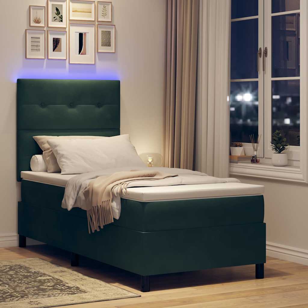LED Box Spring Bed med hovedgærde Mørkegrøn 90 x 190 cm Fløjl