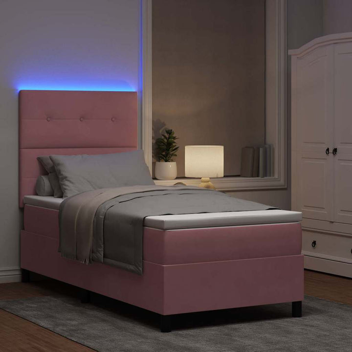 LED Box Spring Bed med hovedgærde Lyserød 90 x 190 cm Fløjl