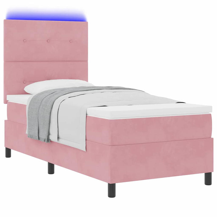 LED Box Spring Bed med hovedgærde Lyserød 90 x 190 cm Fløjl