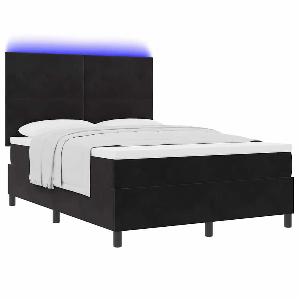 LED Box Spring Bed med hovedgærde Sort 140 x 190 cm Fløjl