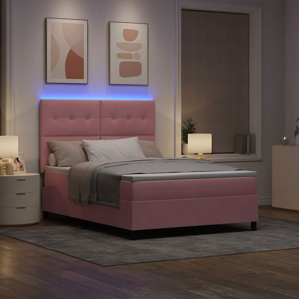 LED Box Spring Bed med madras Lyserød 140 x 200 cm Fløjl