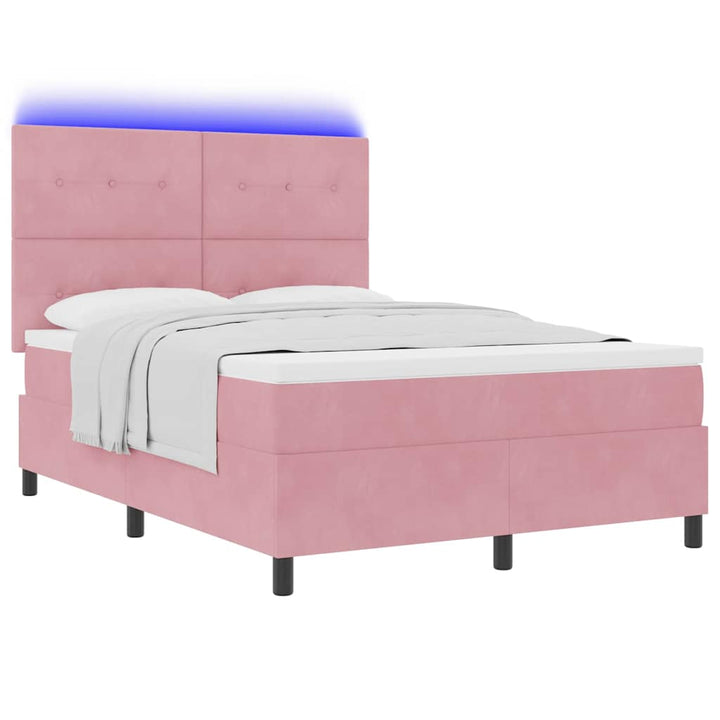 LED Box Spring Bed med madras Lyserød 140 x 200 cm Fløjl