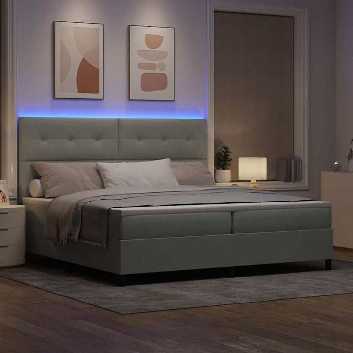 LED Box Spring Bed med hovedgærde Lysegrå 200 x 200 cm Fløjl